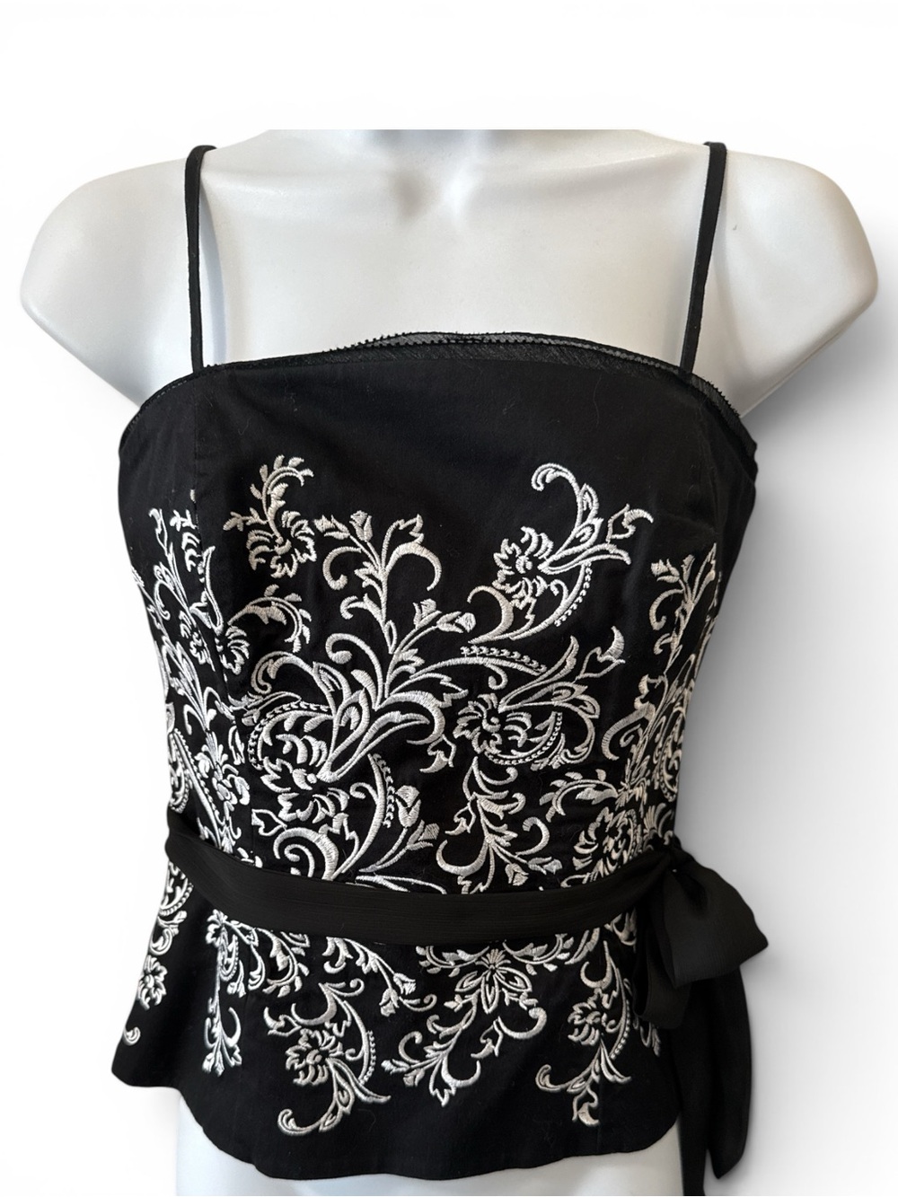 White House Black Market Embroidered Corset Top with Tie Accent-Black Size 0